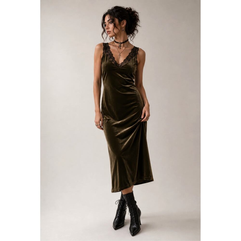 Olive Velvet Lace Maxi Slip Dress L Whimsygoth Dark Romance